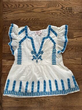 White & Blue Embroidered women’s Flutter Sleeve Blouse